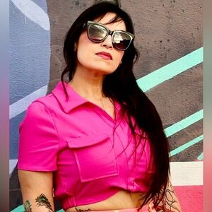 NWT Pretty Damage Hot Pink Barbiecore y2k bratz collared crop top faux tweed